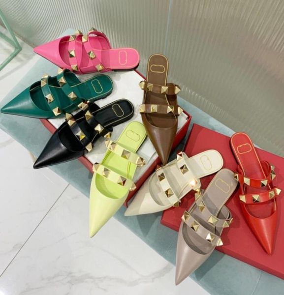 

2022 spring new pointed flatbottom thin strap rivets baotou sandals flatheeled soft sole women039s singles shoes rivets4207485, Black