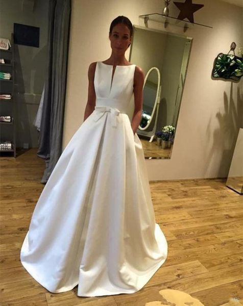 

satin wedding dress with bow sweep train backless african bridal gowns custom made sleeveless wedding guest wears9120844, White