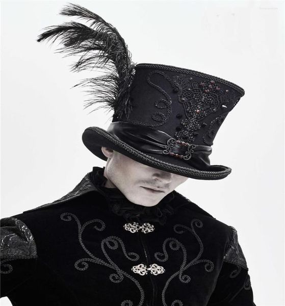 

wide brim hats gothic vintage hat men steampunk cosplay punk party caps feather decoration drop7593090, Blue;gray