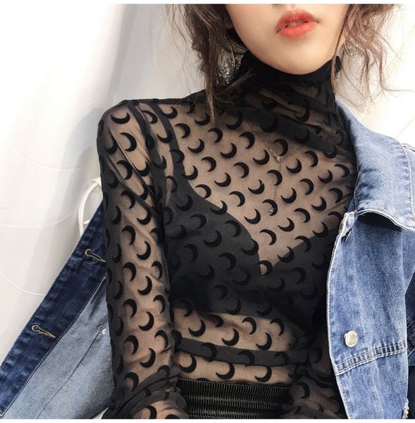 

designer t-shirts hollowed out blouses women's knits & tees fashion shirts retro relief hollowed out ice silk long sleeve outfits, Black;gray