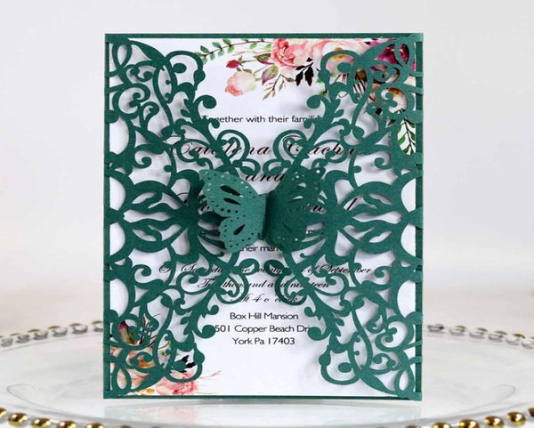 

green butterfly wedding invitation laser cut cards for bridal shower quince sweet 16 birthday with personalized printibbon and env5226710, Black