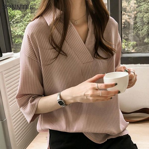 

shirts shirts women korean style 2020 trendy striped vneck loose womens straight three quarter shirt elegant lady soft, White
