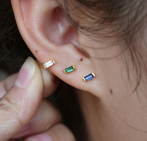 

minimalist brief geometic bar stud earrings 100 genuine 925 sterling silver simple studs bezel baguette cz women lovely jewelry7311920, Golden;silver