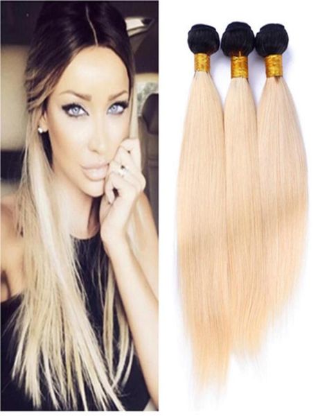 

8a ombre 613 brazilian virgin hair 3 bundles straight platinum blonde dark roots ombre human hair extension whole remy h6941853, Black;brown