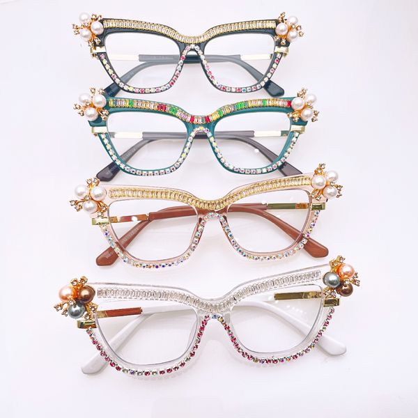 

designer handmade diamond and pearls inlaid eyeglasses frame luxury sparkling gorgeous decorative gift glass 4 color, White;black