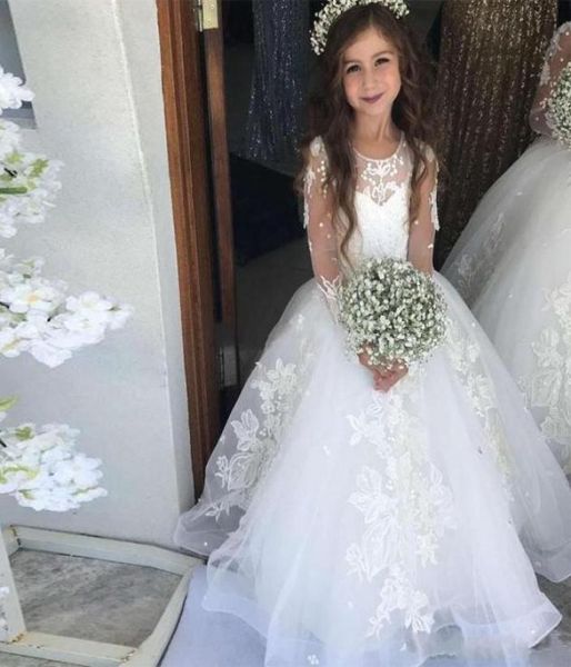 

2020 new princess flower girl dresses for weddings jewel neck lace appliques puffy illusion little kids baby gowns first communion4241903, White;blue