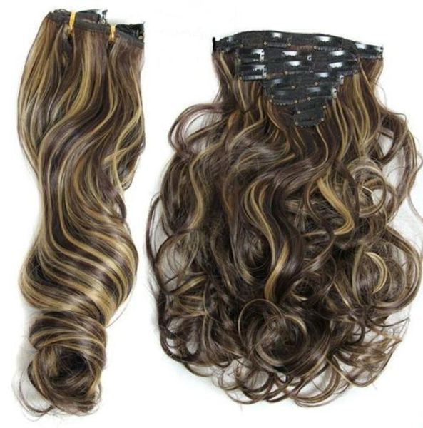 

2017  inches 150g 7pcsset 16clip in hair extension wavy hairstyle synthetic hair yellow brown black blonde mixed color6128026, Black;brown
