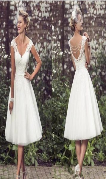 

1920s elegant tealength wedding dresses retro v neck cap sleeves appliques lace tulle ball gown short country wedding dresses2033803, White