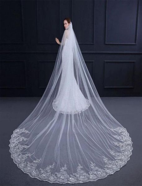 

3m cathedral length long white ivory beige champagne bridal wedding veils with comb tulle and lace appliques new 7296070, Black