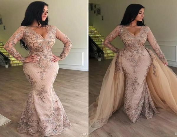 

sparkly mermaid 2019 lace evening dresses long sleeve v neck lace prom dress with detachable train formal party gowns9703251, Black;red