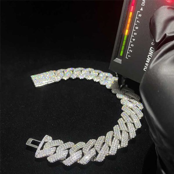 

big guy heavy miami cuban link chain fully iced out moissanite diamond cuban link bracelet 18mm 3 rows thicken hip hop bracelet, Silver