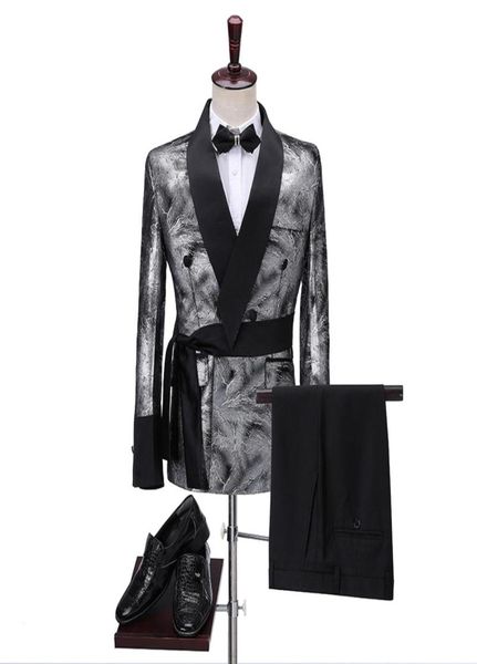 

latest coat pant designs 2020 slim shiny silver smoking jacket italian tuxedo dress double breasted men suits for wedding groom1348686, Black;gray