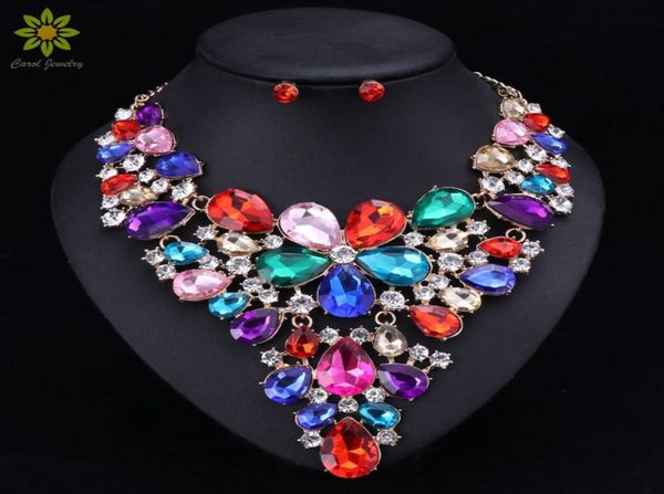 

7colors fashion women wedding necklaces sets vintage big flower crystal choker necklace earrings pendants jewelry sets72779083904661, Slivery;golden