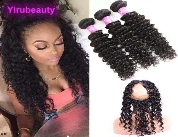 

peruvian 100 unprocessed human hair 4 pieceslot bundles with 360 lace frontal deep wave curly 22542 lace band 360 lace fronta8991612, Black;brown
