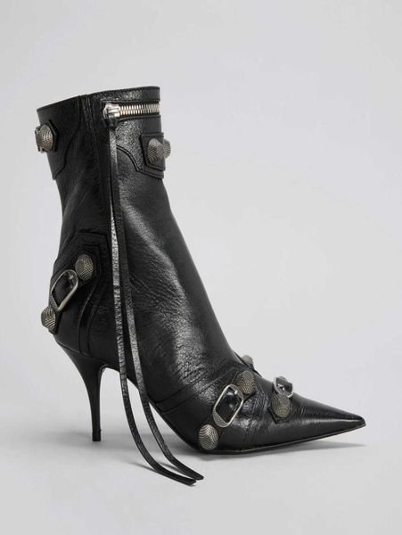 

boots cagole stud boots buckle embellished lamb leather heeled ankle side zip shoes pointed toe stil20233560305, Black