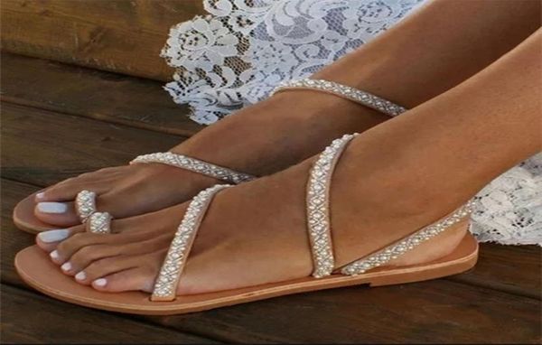 

summer women sandals sweet boho pearl decoration sandals leather flats plus size women beach sand holiday shoes zapatos 2204236326402, Black
