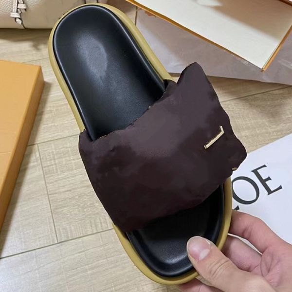 

new designer women sandals metal logo embossed printing pillow hook & loop slippers thick sole mule summer flat heel scuff slides flip flops, Black