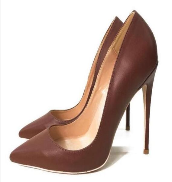 

fashion women brown real leather point toe wedding shoes high heels thin heeled shoes pumps genuine leather 100mm 80m4583558, Black