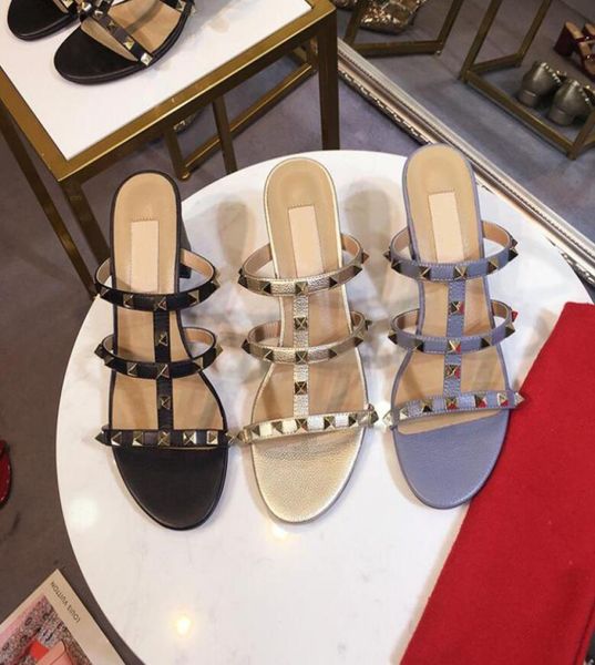 

luxurys brand slippers for women chunky heels open toe lady rivets sandals classics nude color genuine leather summer shoes with b1099045, Black