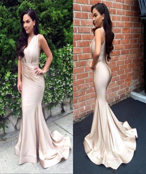 

champagne meramid evening dresses 2017 with v neck ruched satin vestidos festa long simple prom dresses cocktial dresses8679696, Black;red