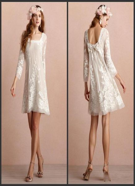 

2019 new mini short wedding dresses square neckline long sleeves backless wedding dress appliqued lace beach bridal gowns 5524109525, White