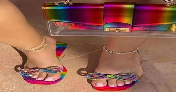 

slippers neon jelly purses and slide set rainbow bow flipflops handbags rhinestone flat slipper bag fashion womens shoes 20219253079, Black