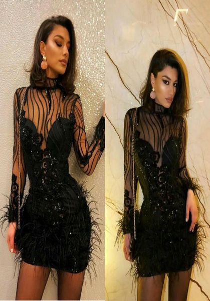 

short black 2020 cocktail dresses long sleeve feather beading formal dress custom made party dresses homecoming dress6178137