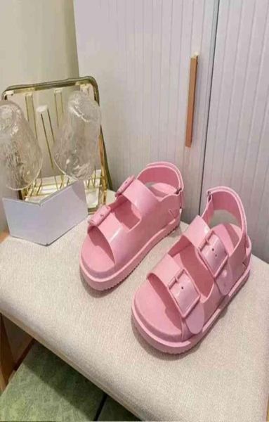 

2022 spring new g family jelly sandals women039s fashion super fire thick bottom candy color buckle double g roman shoes9345290, Black