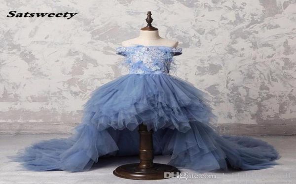 

dusty blue high low long feather pageant dresses for girls appliques pearl ruffles flower girl dress off shoulder comunion dress7720345, White;blue