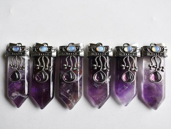 

good quality natural pendants stone amethysts point pendulum healing chakra pendant for jewelry making 6pcs lot whole5315882, Silver