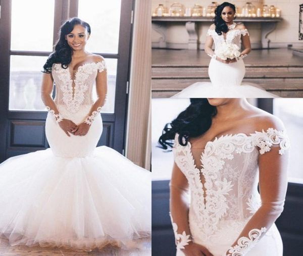 

2020 new arabic mermaid wedding dresses off shoulder long sleeves lace appliques illusion keyhole plus size formal bridal gow2846038, White