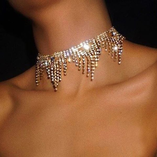 

shiny foreign trade explosive multi-layer shiny tassel necklace shiny full diamond collar chain female necklace, Silver