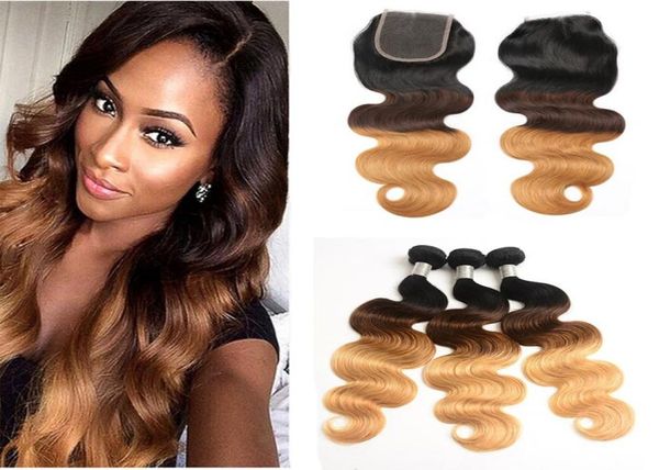 

3 tone 1b427 body wave ombre bundles with lace closure dark roots brown honey blonde ombre peruvian hair weaves with closure8513610, Black;brown