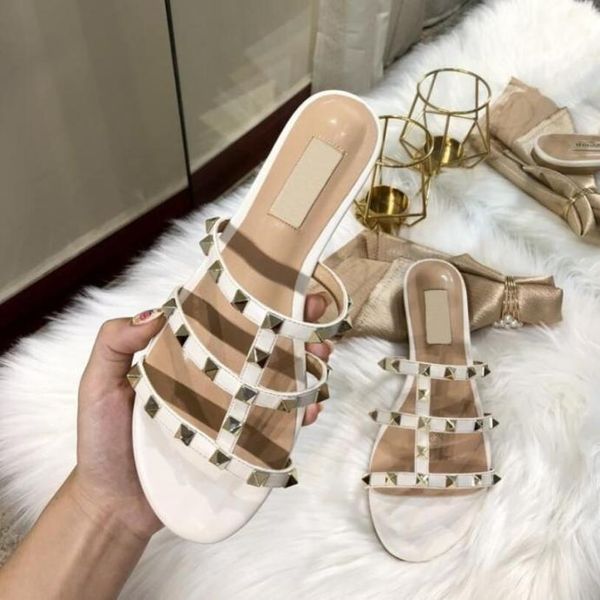 

women jelly flat sandals v bow flip flops studded beach shoes rivet slippers nude thong sandals fashion7564581, Black