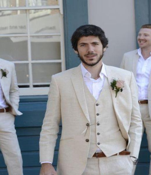 

new beige linen wedding suits beach groom tuxedos 3 pieces jacketpantsvest bridegroom men suits man blazer custom made7567737, Black;gray