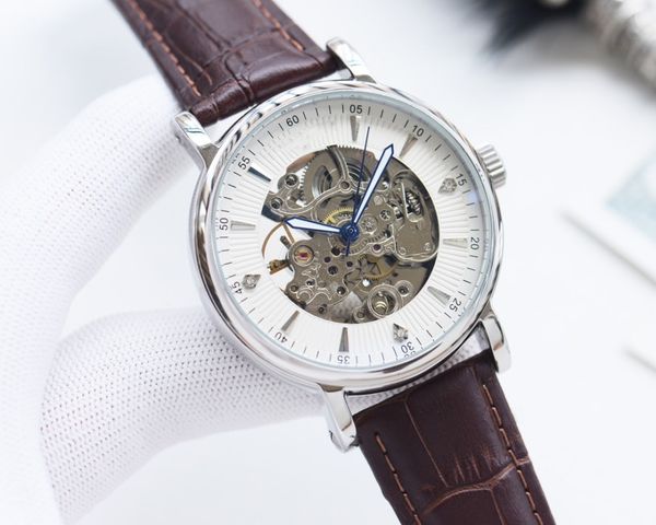 

luxury men's watch, version of 316 steel l, calfskin strap, automatic mechanical movement, hollow design visible movement, size diamete, Slivery;golden
