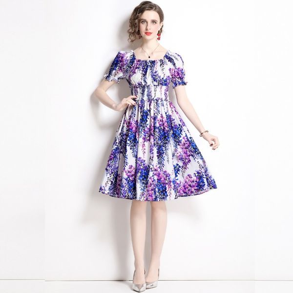 

2023 summer women's floral print short sleeve dress: large skirt with elastic waist and slash neck. sizes s, , l, xl, xxl. natural wai, Black;gray