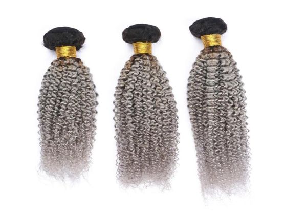 

1bgrey ombre peruvian human hair bundles dark root silver grey ombre kinky curly virgin human hair weaves weft extensions 3pcs l9984326, Black