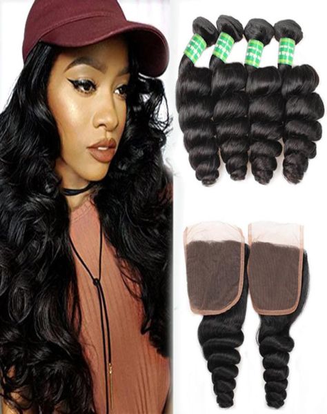 

loose wave brazilian human hair 4 bundles with closure brazilian virgin hair extensions loose wave bundles with 4x4 lace clo5246979, Black