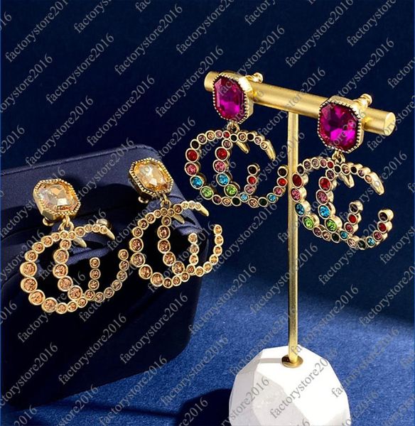 

womens luxury retro vintage letters stud earrings brand designer colorful diamond crystal dangle earring ear rings party wedding j2741947, Golden;silver