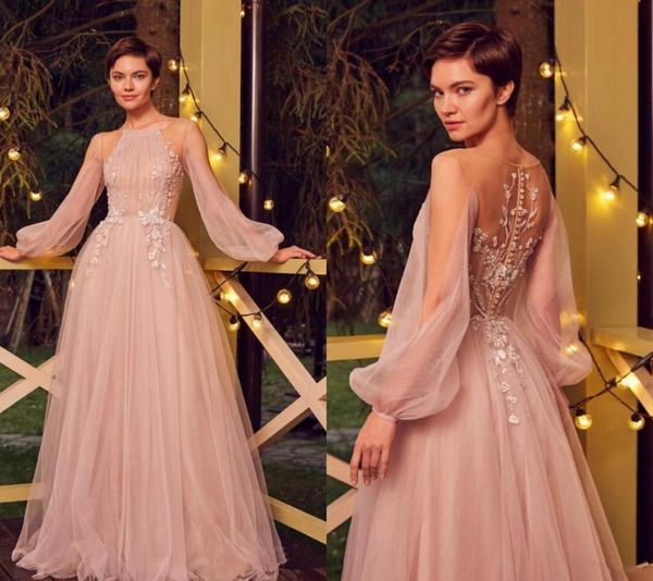 

blush pink evening dresses scoop neck appliqued beaded prom dress long sleeves ruffle sweep train custom made formal party gown6674996, Black