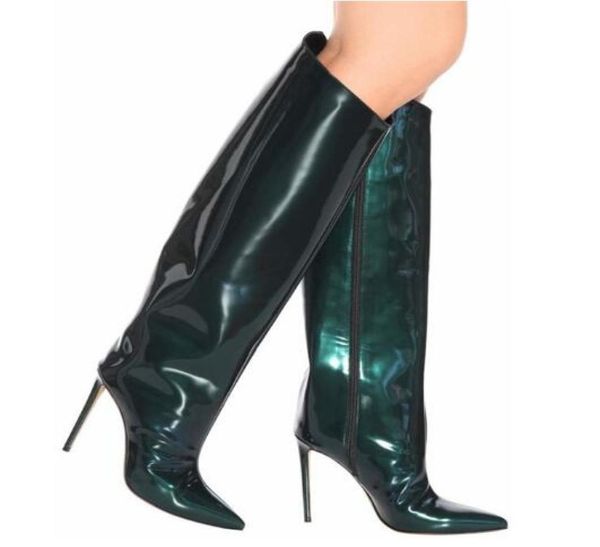 

runway stilettos candy color mirror leather metallic over the knee women boots super high heels knee high boots plus size8944015, Black