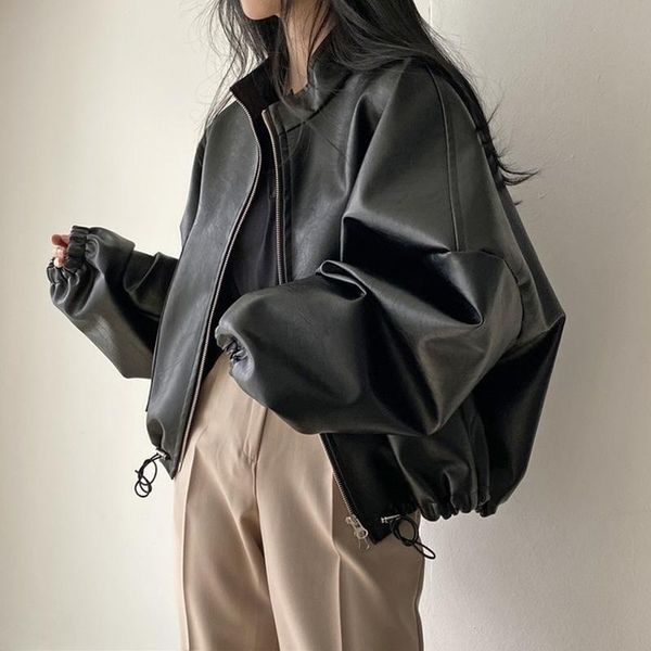 

jackets zcsmll personalized stand collar zipper design hem drawcord loose bubble sleeve motorcycle leather coat women korean chic, Black;brown