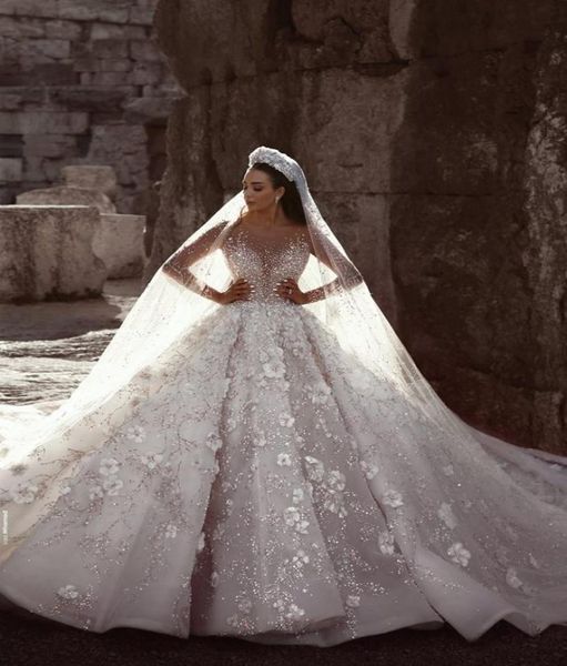 

2019 gorgeous a line wedding dresses sheer jewel neck lace 3d floral appliques rhinestone beads luxury dubai wedding dress custom 5202798, White