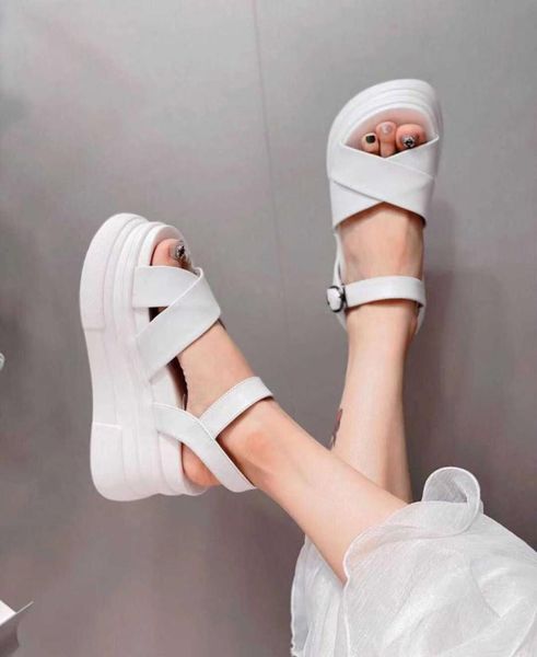 

stylishbox y21052303 blackwhite sandals cross strappy 8cm platform calf skin genuine leather wedge casual sporty f5683473, Black