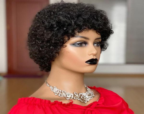 

short afro kinky curly wig pixie cut wigs brazilian remy hair afro puff human hair wigs for women full mahine made wigs9848644, Black;brown