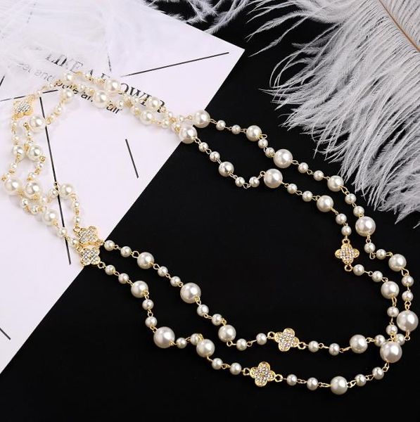 

new fashion luxury designer diamond lucky leaf pearl classic elegant multi layer long sweater statement necklace for woman6454958, Black