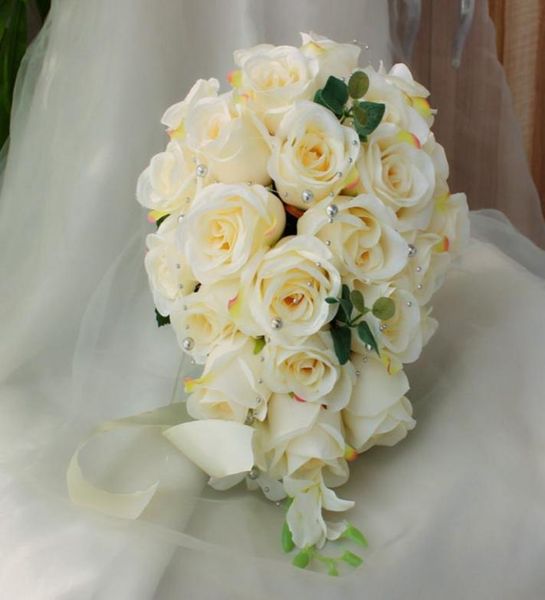 

ivory waterfall wedding flowers cascading bridal bouquets artificial pearls pink roses handmade brooch wedding accessories de mari1411442
