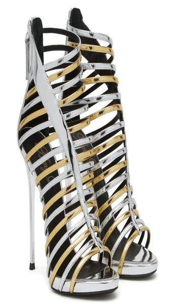

2022 leather sheepskin gladiator patent sandals boots 12cm stiletto high heels pumps women summer opentoe narrow band zip zipper 5898606, Black