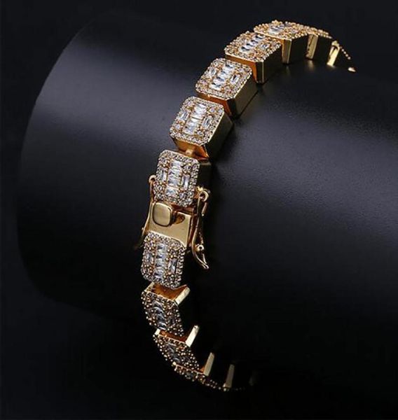

mens 14k gold iced baguette diamonds bracelet 10mm bling bling bracelets with locked clasp cubic zircon bracelets hip hop44g2419998, Golden;silver